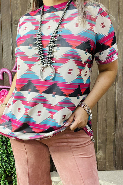 XCH15689 Teal/fuchsia Aztec multi color printed short sleeve women tighten top