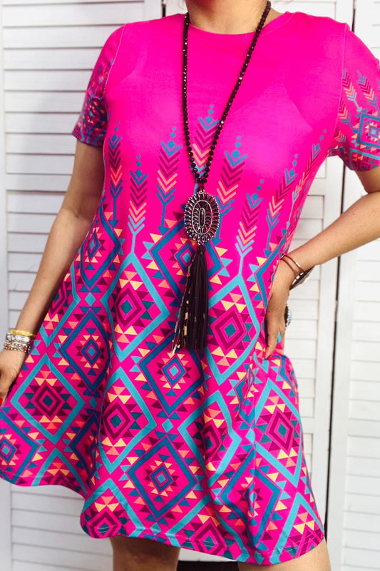 Multi color printed in the fuchsia fabric short sleeves women tunic XCH14125