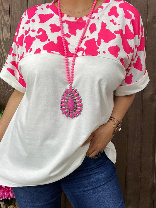 GJQ14070 Fuchsia printed white solid short sleeves women tops