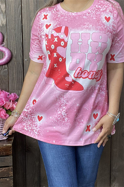 XCH14135 Fuchsia boots &"HOW DY honey"and heart printed short sleeve women pink tops