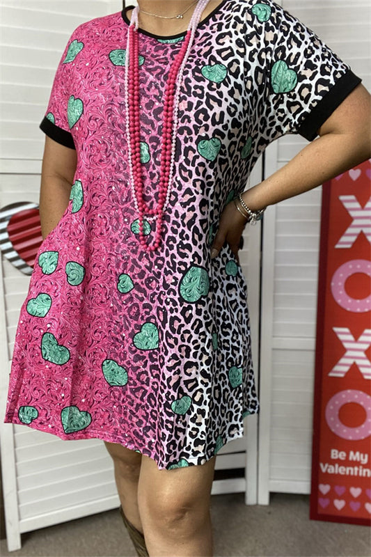 XCH14530 Paisley &Leopard fuchsia/teal heart multi color printed short sleeve women dress