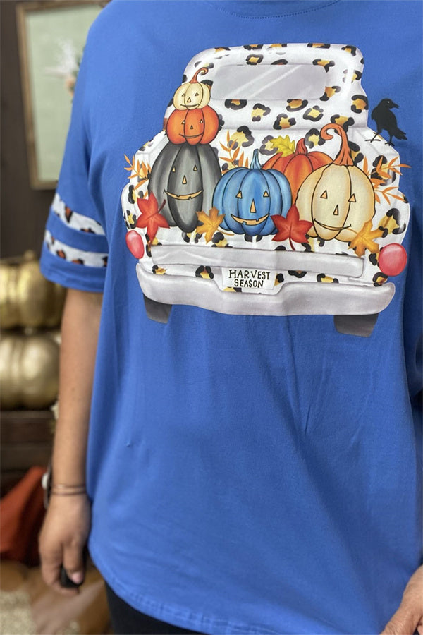 DLH9901 Blue Truck & pumpkin printed short sleeve top