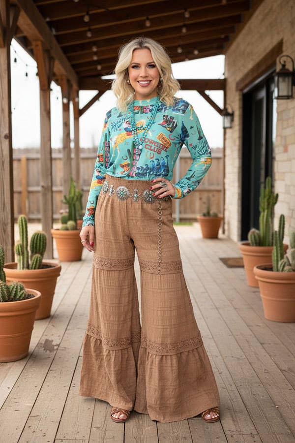 Western turquoise prints mesh women boutique shirt Southern Stitch GJQ17182