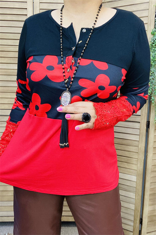 BQ15286 Floral printed block red/black color w/buckle lace long sleeve women tops