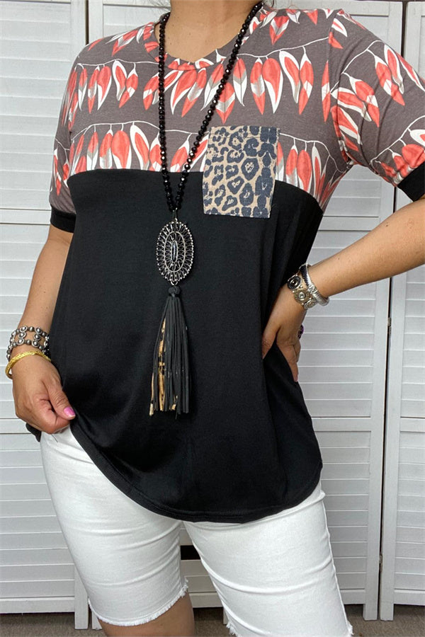 YMY12060 Black feather & leopard front pocket printed  short sleeve women top