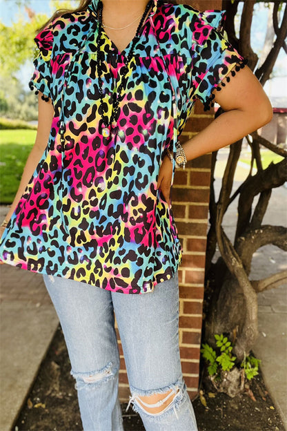 BQ15644 Multi color leopard printed double ruffle/black pompom short sleeve &ruffle neckline women tops