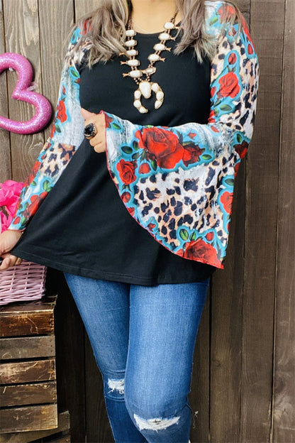 GJQ15193 Floral&Leopard multi color printed &raglan long bell sleeve women tops