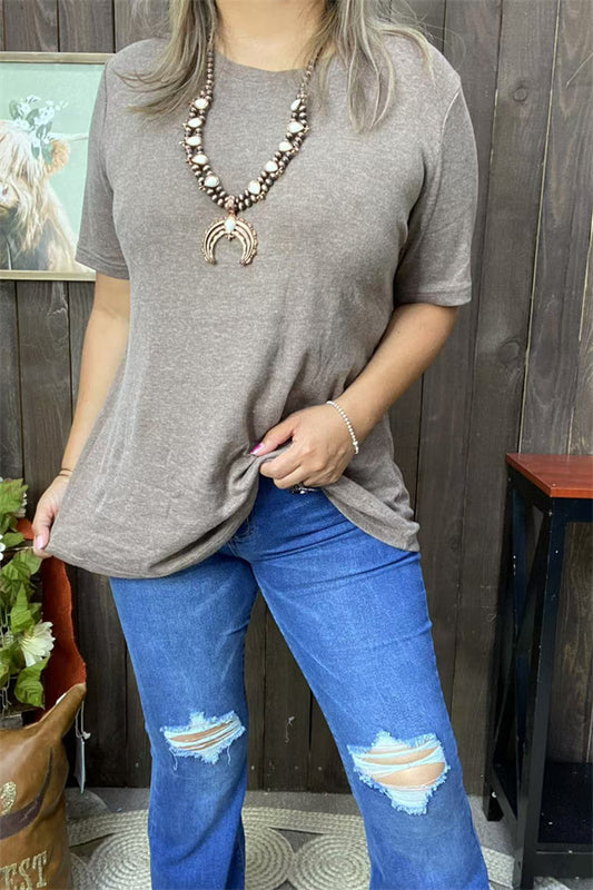 GJQ15568 Tan solid color short sleeve women tops