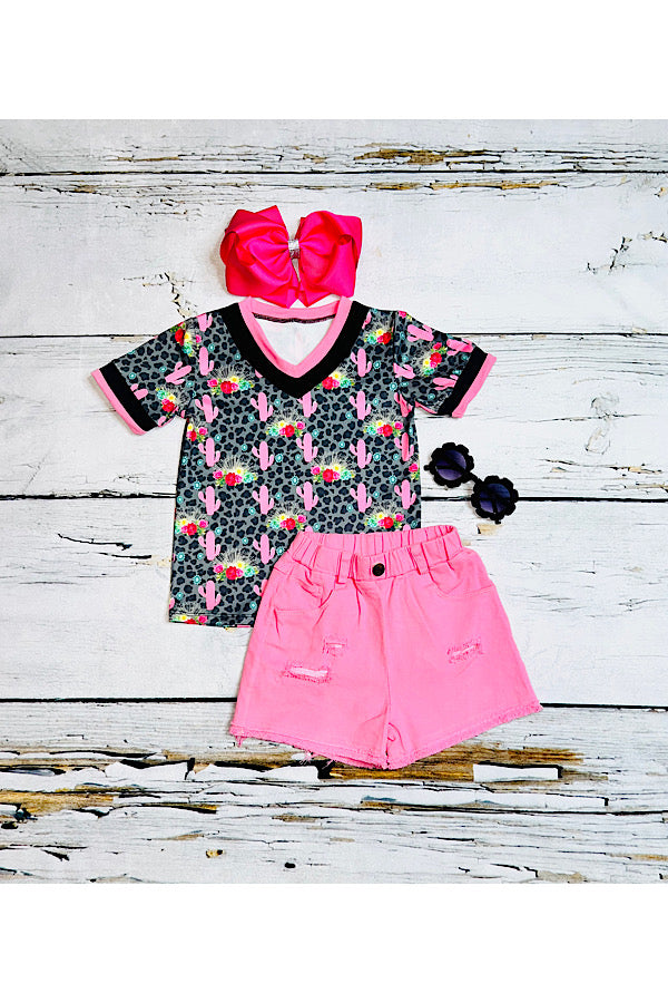 Leopard cactus floral print short sleeve top&pink denim shorts 2pc girls boutique clothing wholesale DLH1230-05