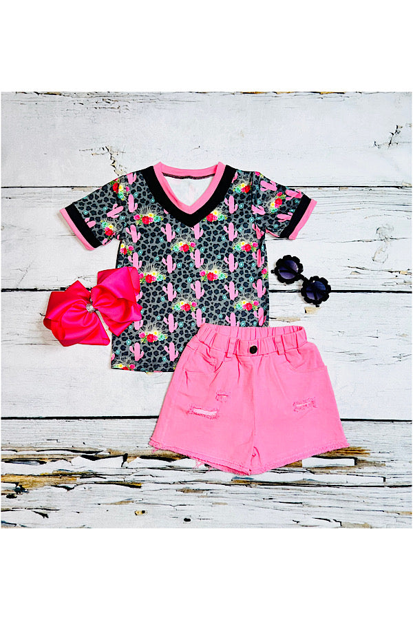 Leopard cactus floral print short sleeve top&pink denim shorts 2pc girls boutique clothing wholesale DLH1230-05