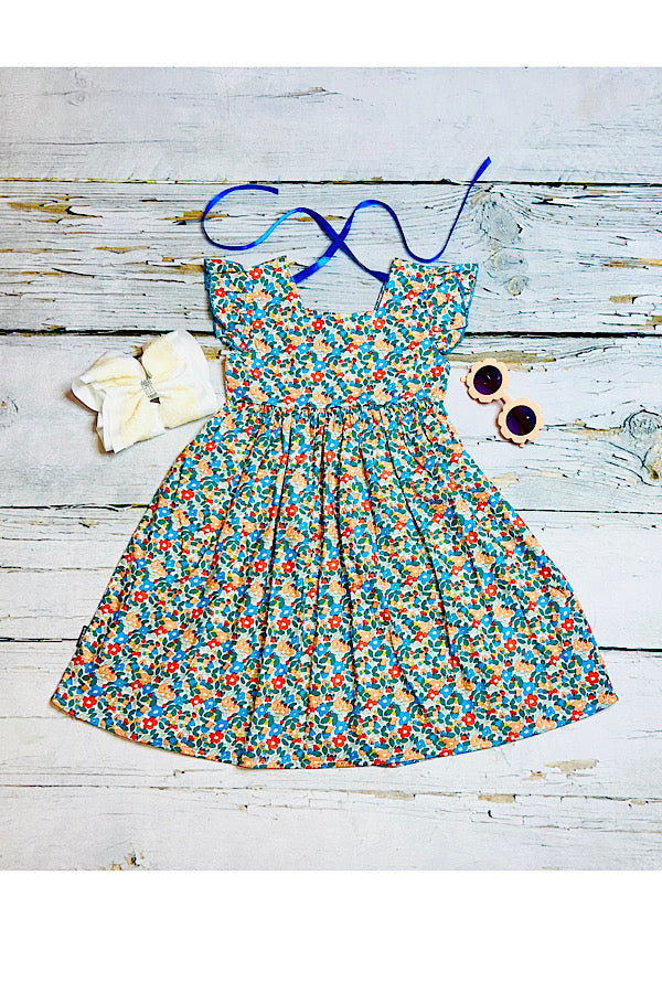 Flutter short sleeve floral print summer girls dress  230122M