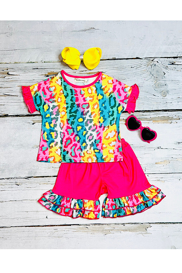 Rainbow leopard print top & shorts two piece girls clothing sets XCH0777-17H