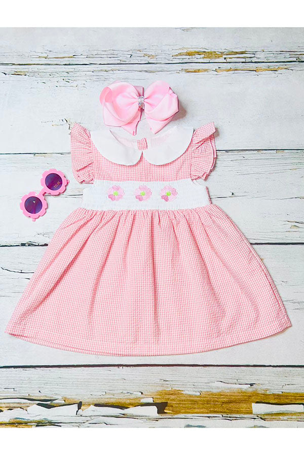 Pink flower embroidery flutter girls dress wholesale DLH2362