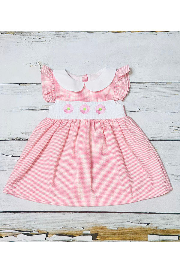 Pink flower embroidery flutter girls dress wholesale DLH2362