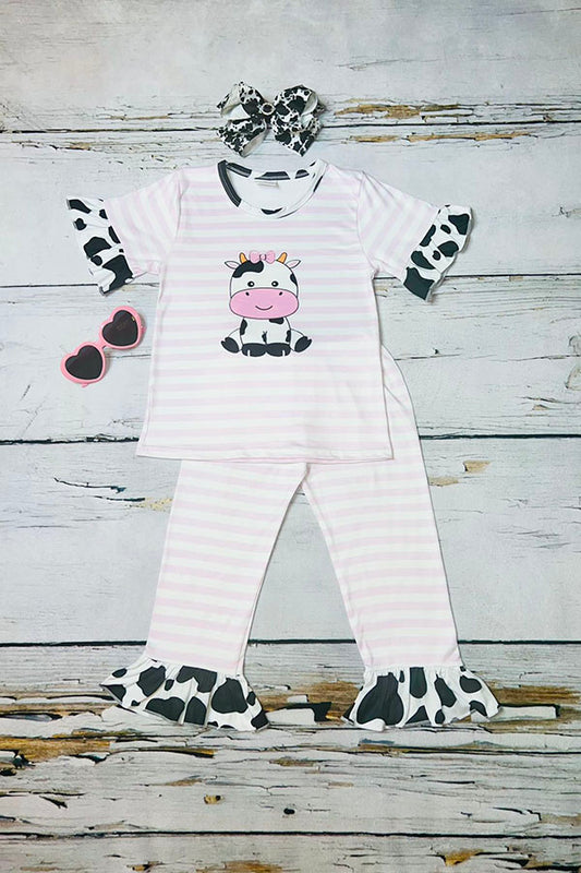 Pink stripe cow print two piece girls clothing sets wholesale 11130MZ