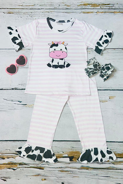 Pink stripe cow print two piece girls clothing sets wholesale 11130MZ