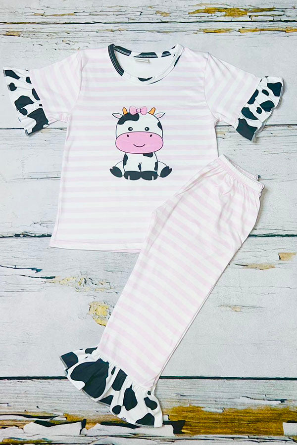 Pink stripe cow print two piece girls clothing sets wholesale 11130MZ