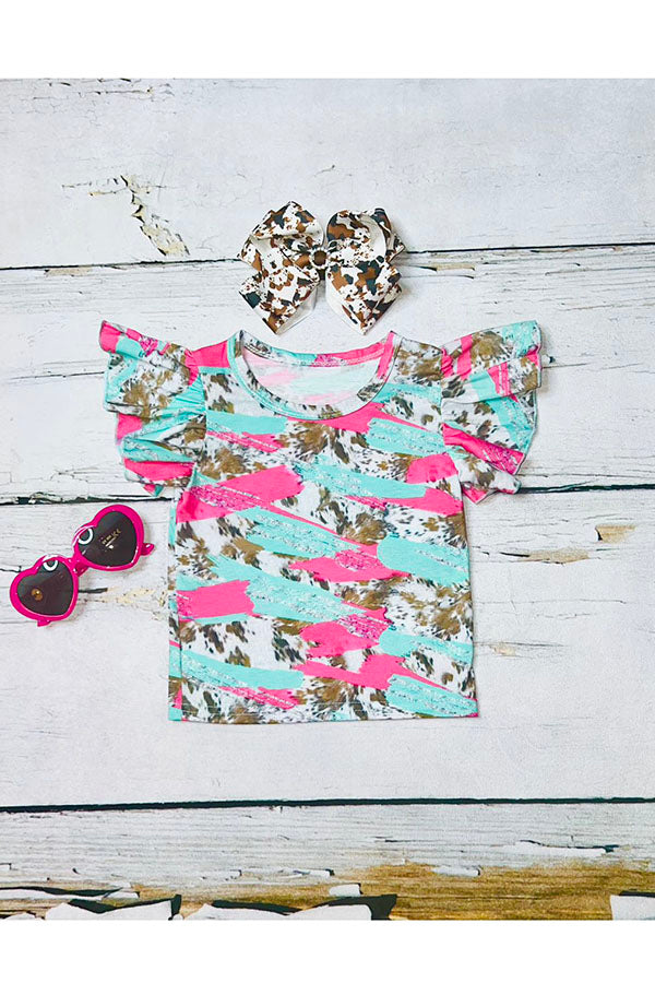 Pink turquoise leopard print short sleeve girls t-shirts DLH2386