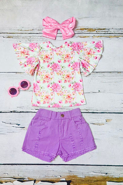 Cute floral print flutter top & denim shorts girls outfit sets wholesale DLH2389