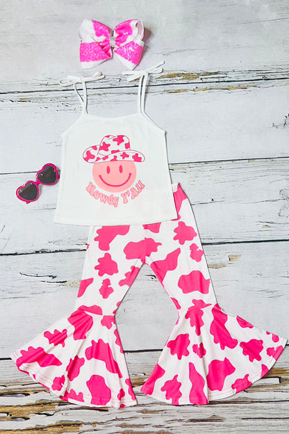 ”Howdy Y'ALL" smile face tunic & bell-bottom pant girls clothing sets XCH0777-23H