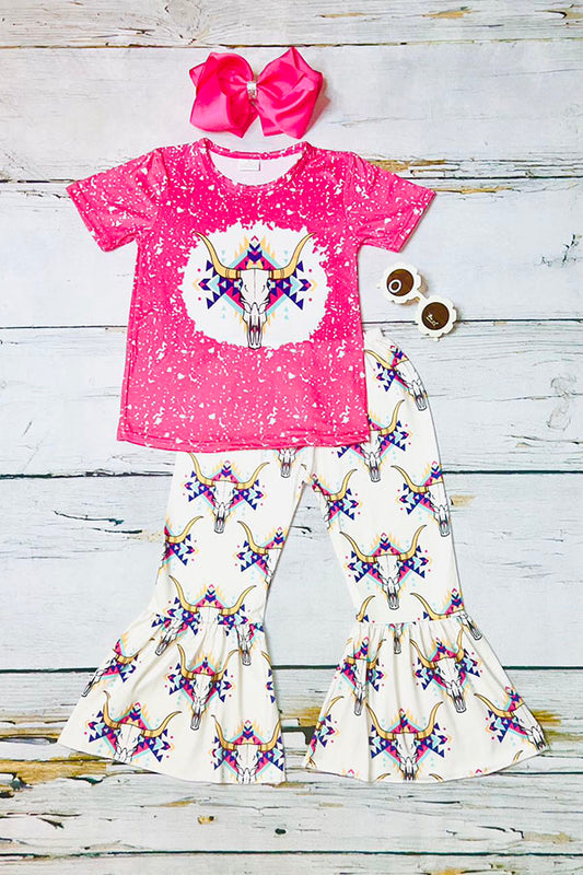 Bull print pink short sleeve top & bell-bottom pant girls clothing sets 12087MZ