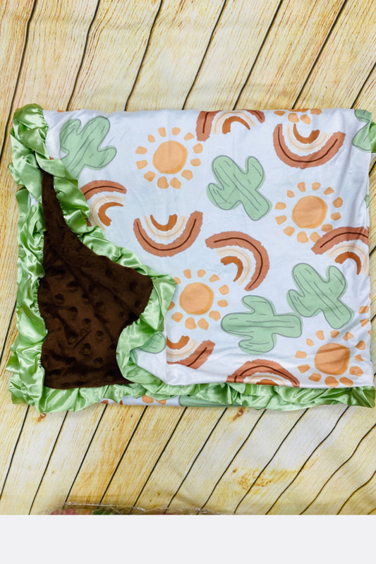 Sun & Cactus w/ brown minky with ruffle baby blanket DLH2674