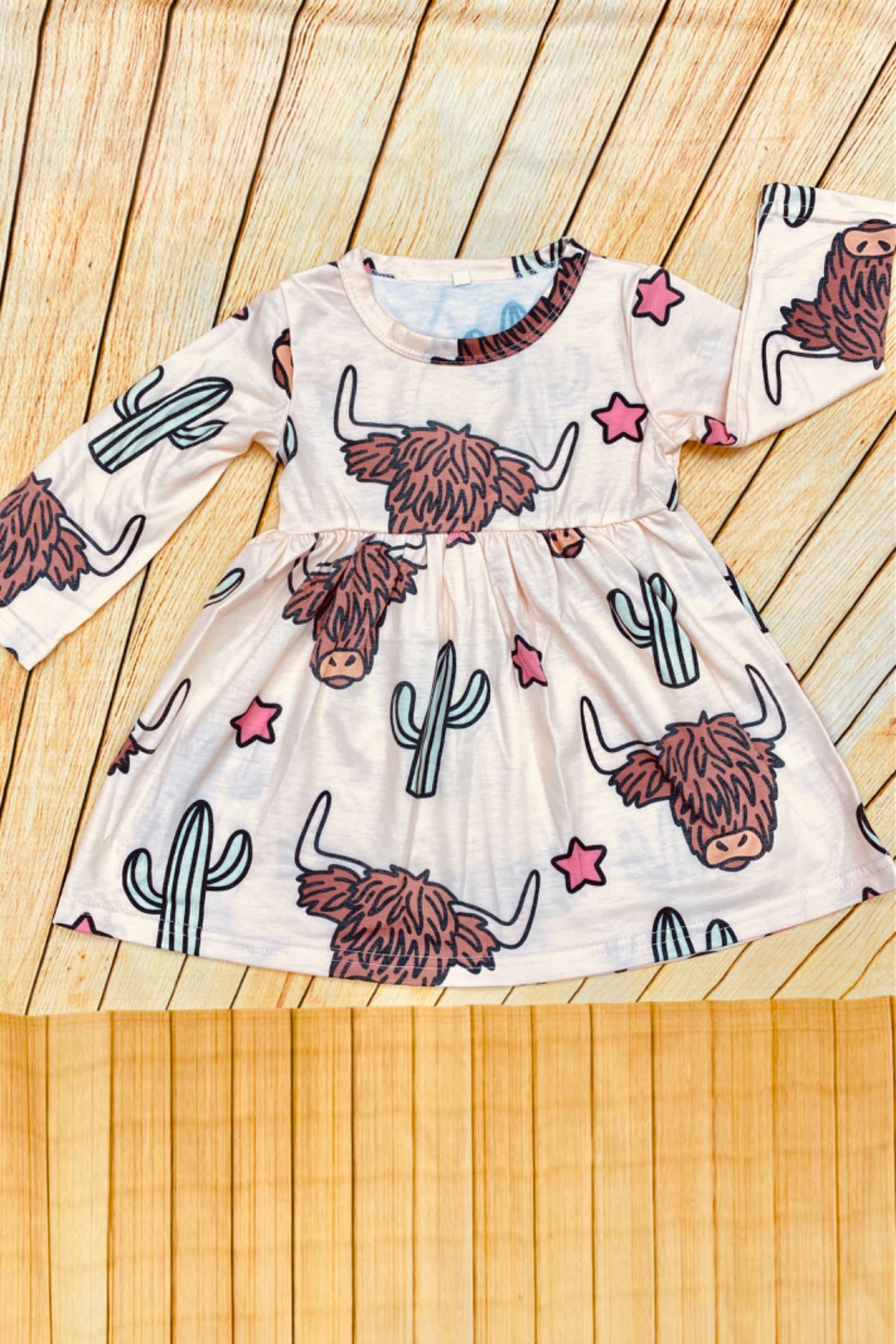 Bulls & Cactus & Stars print long sleeve girls dress D2865