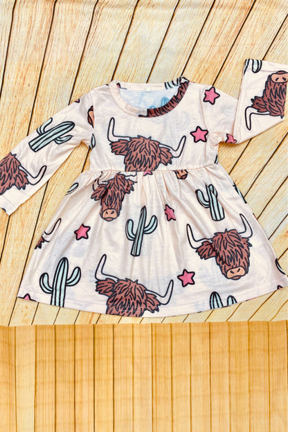 Bulls & Cactus & Stars print long sleeve girls dress D2865