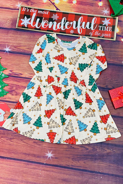 Christmas tree pring long sleeve girls boutique dress XCH0555-25H