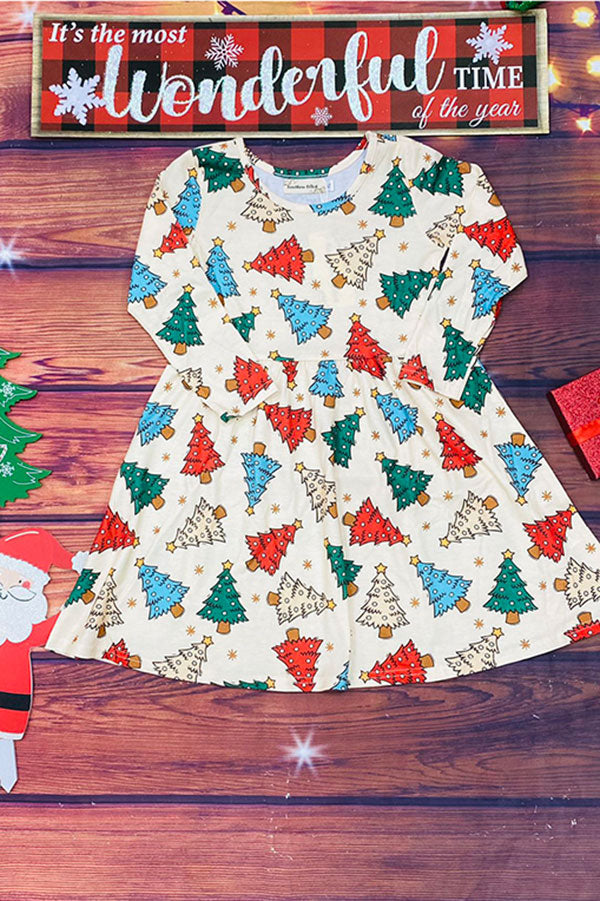 Christmas tree pring long sleeve girls boutique dress XCH0555-25H