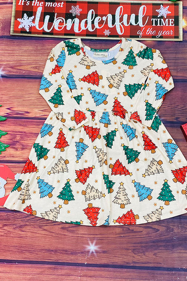 Christmas tree pring long sleeve girls boutique dress XCH0555-25H