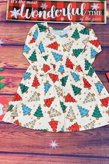 Christmas tree pring long sleeve girls boutique dress XCH0555-25H