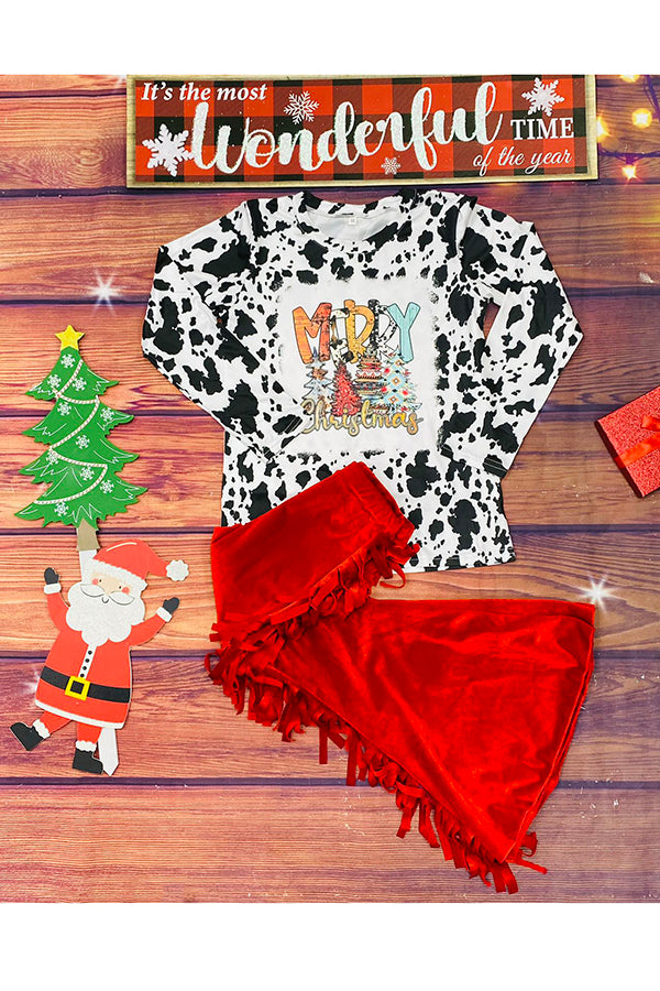 "Merry Christmas" & tree print cow top bottom 2pc sets DLH2625