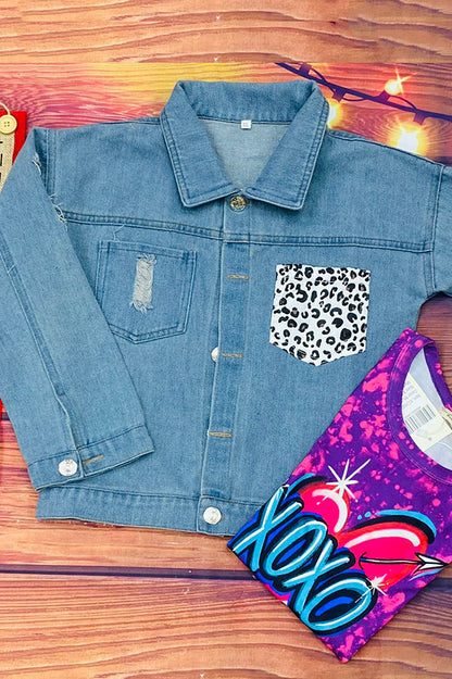 Blue denim girls jacket with leopard pocket DLH2550