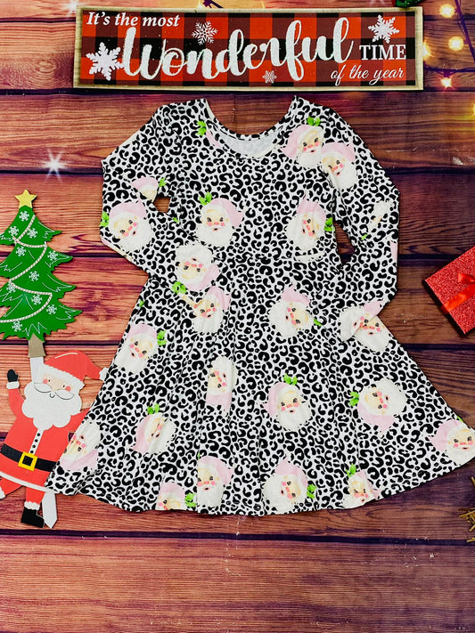Santas & leopard print long sleeve girls dress DLH2712