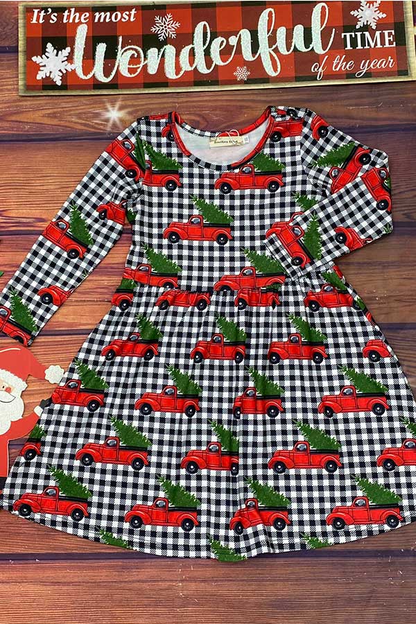 Christmas Red truck & tree & plaid long sleeve girls boutique dress XCH0017-8H