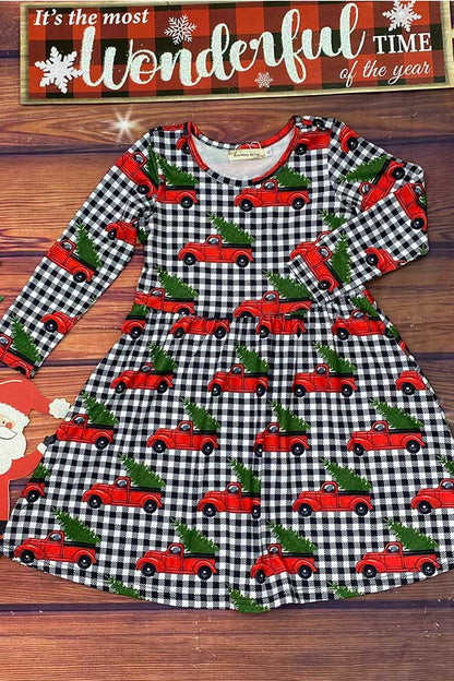 Christmas Red truck & tree & plaid long sleeve girls boutique dress XCH0017-8H