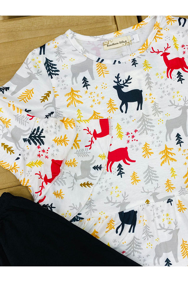 Multi Color Deers & Trees print bell-bottom 2pcs sets XCH0013-17H