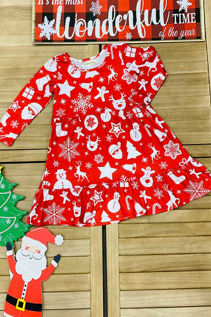 Christmas print long sleeve swirl girls boutique dress A9S4 XCH0017-1H