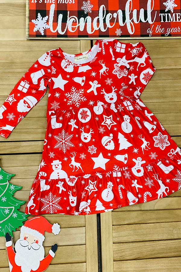 Christmas print long sleeve swirl girls boutique dress A9S4 XCH0017-1H