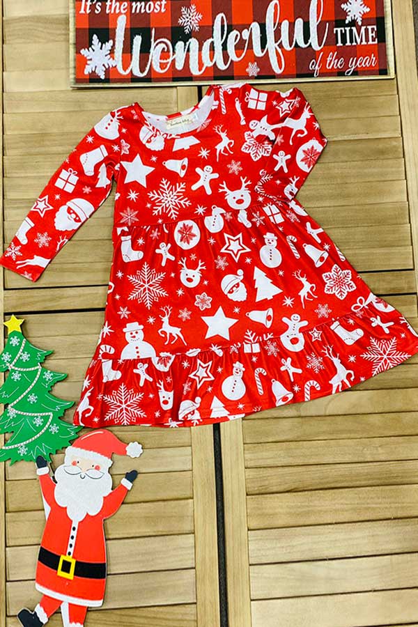 Christmas print long sleeve swirl girls boutique dress A9S4 XCH0017-1H
