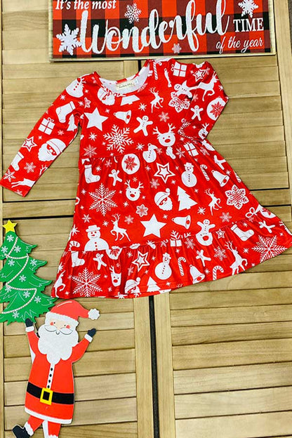 Christmas print long sleeve swirl girls boutique dress A9S4 XCH0017-1H