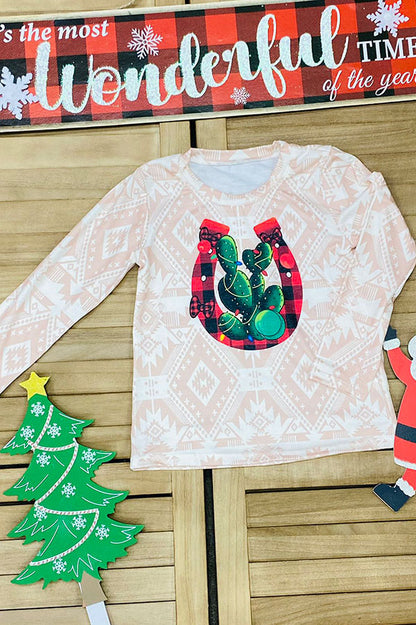 Western Horseshoe & Cactus print long sleeve girls boutique top DLH0824-25