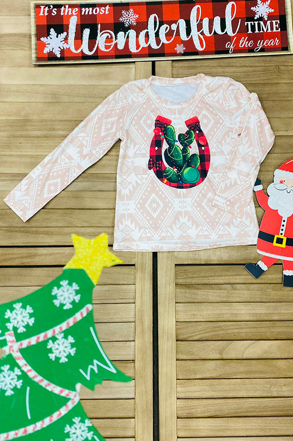 Western Horseshoe & Cactus print long sleeve girls boutique top DLH0824-25