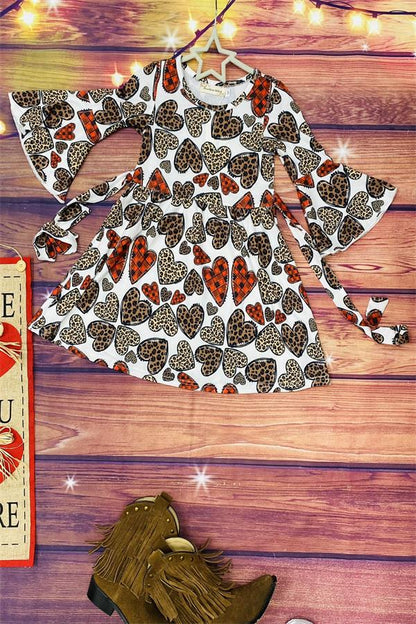 Leopard & Plaid hearts Print Ruffle Long sleeve dress  XCH0017-13H