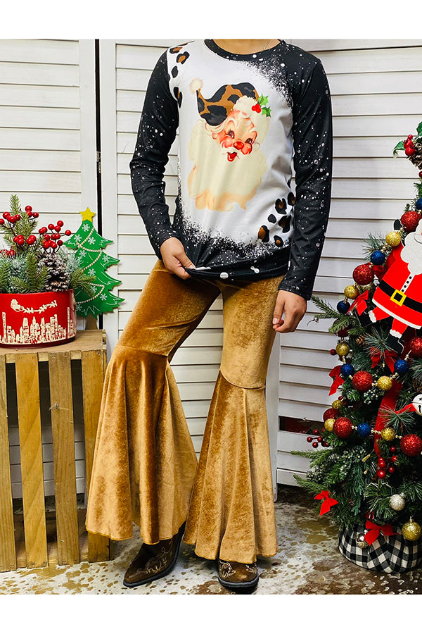 Kids Santa & Leopard print t-shirt velvet bottom 2pc sets DLH2714
