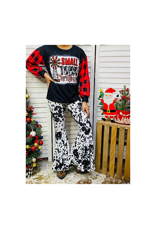 Kids "SMALL TOWN Christmas" plaid sleeve top bell bottom pant 2pc sets XCH0018-8H