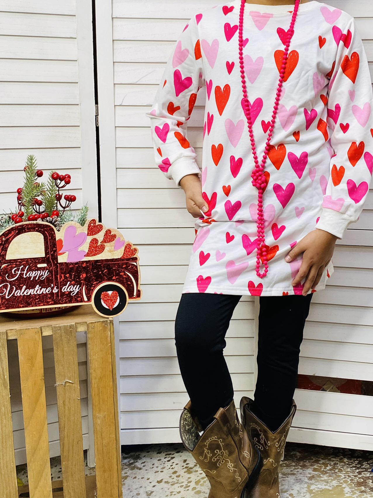 DLH2580 Red & Pink hearts print long sleeve girls dress