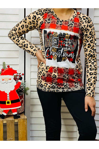Kids "Merry Christmas‘’ Plaid & Leopard Print Top DLH2637