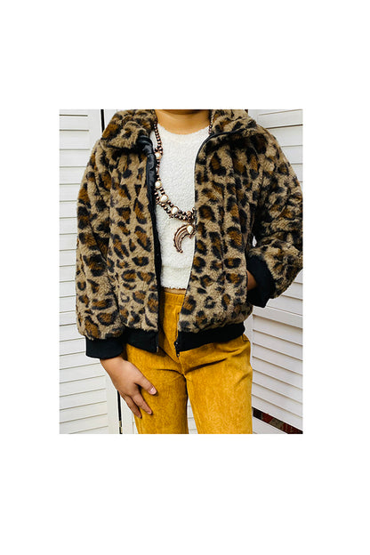 Kids Leopard Print Flannel Zipper Jacket DLH2643